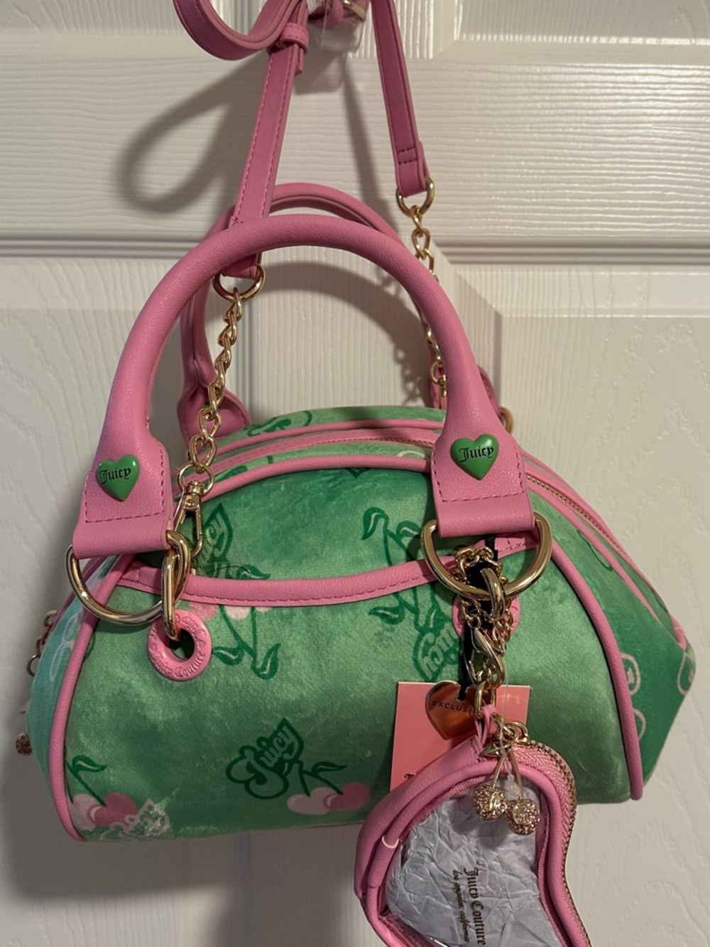Juicy Couture Satchel Pink & Green Satin Logo Mini Dome Bag with Charm strap new